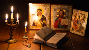 Icon, book, candle